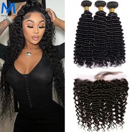 30 38 40 Inches Deep Wave Bundles with Frontal 13x4 HD Lace Brazilian Remy Hair for Black Women Closure 240229