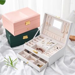 Storage Boxes 1pcs Multi Layer Vintage Leather Jewelry Box Drawer Style Cosmetic Earrings Rings