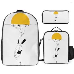 Backpack 3 In 1 Set 17 Inch Lunch Bag Pen Diving Heart Beat Free Diver 12 Durable Cute Snug Sports Activities Blanket Roll