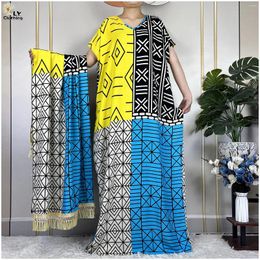 Ethnic Clothing African Abaya Fashion Short Sleeve 2024 Summer Cotton Printing Floral Boubou Maxi Islam Women Loose Dresses With Big Scarf