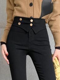 Women's Pants Autumn Winter High Waist Tight Fitting Slim Button Decoration Stretch Black Pencil Women Leggings 2024