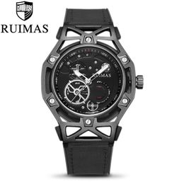 Ruimas Fashion Black Mens Dress Designer Luxury Military Luminous Watches Leather Classic Wrist Watch For Men267m