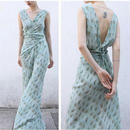 Casual Dresses Cor Women's Vintage Silk Long Dress Printed V-Neck Slim Wrap Lace Up Summer Streetwear Maxi For Women