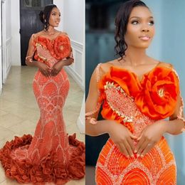 African Nigeria Aso Ebi Prom Dresses for Special Occasions Orange Evening Gowns Formal Dress Beaded Lace Long Sleeves Sheer Neck Mermaid Birthday Gowns NL586