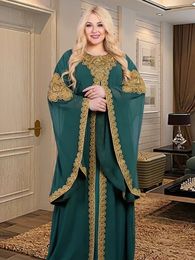 Party Dresses for Women Abaya Muslim Caftan 2 Piece Set Eid Flare Sleeves Robe Embroidered Gold Lace Dress Suit Jalabiya Ramadan 240229