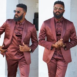 Fashion Wedding Men Suits Tuxedos Groom Wear Wine Red Shawl Lapel Formal Suit Custom Size 3 Pieces Jacket+Vest+Pant