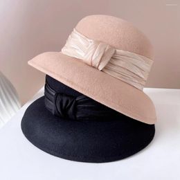 Berets French Vintage Wool Lampshade Hat Ladies Fashion Pleated Tulle Bow Top Elegant Hepburn Style Basin