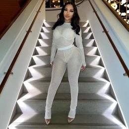 Suits Echoine Hollow Out See Through Long Sleeve Tshirt Pants Two Piece Set Sexy Skinny Bodycon Outfits Streetwear Party Matching Set