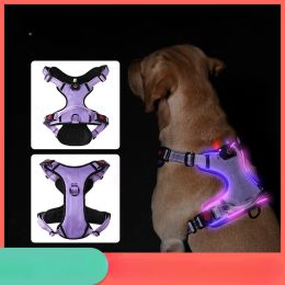 Harnesses LED No Pull Dog Harness No Choke Easy Control Handle Reflective Pet Harness 2 Leash Clips Adjustable Soft Padded Dog Vest