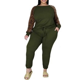 5XL Plus Size Women Sets T Shirt Tops And Pant Suits Autumn Fashion Leopard Print Casual Large Tracksuit Two Piece Set 240220