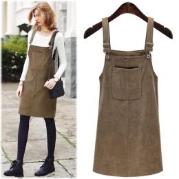 Dress Corduroy Detail Overall Dress 2019 Spring Women Pinafore Big Pocket Dress Solid Shift Sleeveless Dress