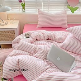 sets Simple Stripe Bedding Set Washed Cotton Linen Bed Sheet Solid Colour Quilt Cover And Pillowcase Pastoral Ins Style Bedclothes