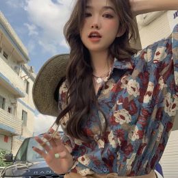 Shirt Vintage Short Sleeve TShirt Floral Print Chiffon Women Clothing Beautiful Blouse Loose Urbane Casual Aesthetic Summer Top 2022