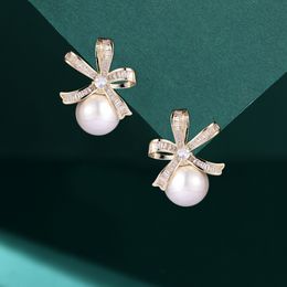 Korean Style Bow Stud Earrings S925 Silver Needle AAA Zircon Freshwater Pearl High end Earrings Fashion Women Earrings Wedding Party Jewelry Valentine's Day Gift SPC