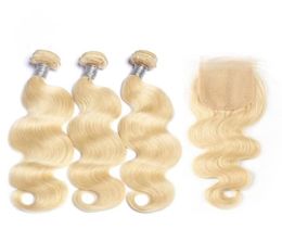 BWhair Virgin Human Hair 3 Bundles With 4X4 Lace Closure Peruvian Malaysian Indian Body Wave Hair Extensions Blonde Colour 6138673534