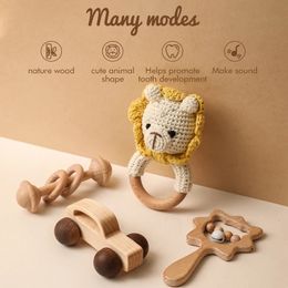 Lets Make 4pcsset Wooden Rattle Sets Cartoon Animal Crochet Wood Car Block Soother Teether Set Montessori Toddler Toy 240226