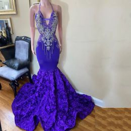 Gorgeous Purple Prom Dress Sexy Halter Neck Appliques Beads Mermaid Evening Gowns With Cascading Flowers