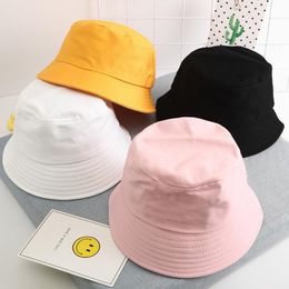 Bucket Hat Kids Pink Black White Yellow Cap Summer Bucket Hats Cotton Children Solid Flat Cap Girls Boys Foldable Fishing269E