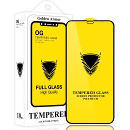 Screen Protector For iPhone 15 Pro Max 14 Plus 13 Mini 12 11 XS XR X 8 7 SE Golden Armor OG Tempered Glass Full Glue Coverage Pr