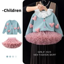 Children clothing girls long sleeved cardigan autumn western-style sweater childrens baby sweater love jacket 240223