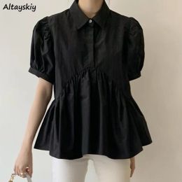 Blouse Blouse Women Summer Folds Turndown Collar Puff Sleeve Fashion Teenagers Loose Leisure Classic Allmatch Korean Style Popular