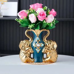European Style Ceramic Gold Vase Arrangement Dining Table Home Decoration Accessories Creative Elephant Vases 240228