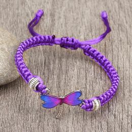 Link Bracelets Vintage Purple Dragonfly Pendant Braided Handmade Adjustable Bangles For Women Men Yoga Healing Meditation Jewellery