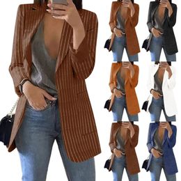 Womens Blazer Coat Stripe Open Front Pockets Cardigan Formal Suit Long Sleeve Blouse 240226
