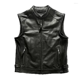 Men's Vests Summer Mesh Breathable Thickened Cowhide Vest Hollow Perforated Zipper Casual Biker Leather Undershirt Classic Coat