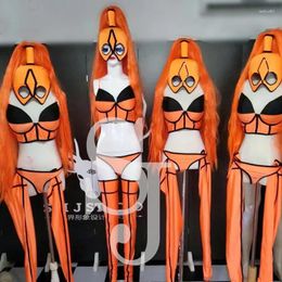 Stage Wear Sexy Pole Gogo Dancer Costume Orange Top Shorts Headwear Bar Nightclub Dj Rave Outfit Women Performance XS7418