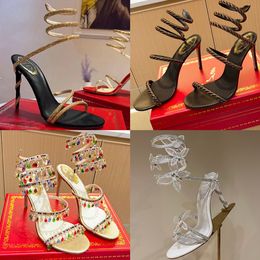 Rene Caovilla High Heels Cleo Luxus Designer Strass Rassonstone Knöchel Rundumaround High Heel Sandalen Seidenkristall Anhänger Pumpen Frauen Abend Gold Sandalen Edelsteinschuhe