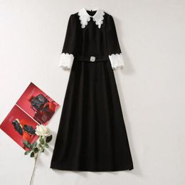 Casual Dresses European And American Women's Clothing 2024 Autumn Embroidered Lapel Belt With Seven-quarter Sleeves Fashion Black Dress XXL
