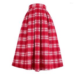 Skirts 2024 Winter Korean Women Vintage Elegant Red White Cross High Waist Long Plaid Skirt Woollen Christmas Year Party Festival