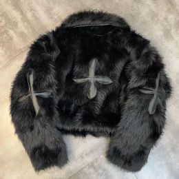 Fur Winter Faux Mink Fur Turn Down Collar Bomber Jacket Patch PU Cross Fluffy Streetwear Coat Simulation Fox Fur Parka Cardigan Tops