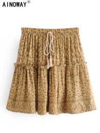 skirt Vintage Summer Leopard Printed Ruffles Tassel Bohemian Pleated Skirt for Women Rayon Gothic Happie Boho Mini Skirts Beachwear