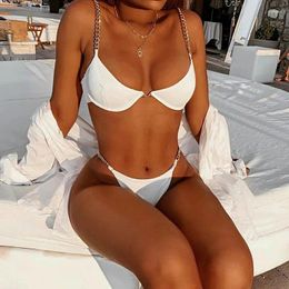 Women's Swimwear Hirigin Two Piece Women White Red Black Chain Sexy Biquini Triangle Bathing Suit 2024 Brazilian Bikini Set