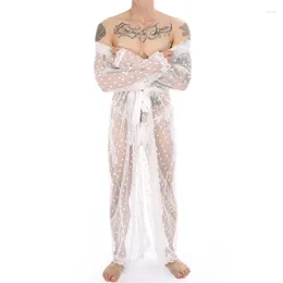 Bras Sets Men's Gauze Stockings Like Thin Bathrobe Long Silk Transparent Kimono Slit Thong See-through Underwear Men Sexy Designer Style