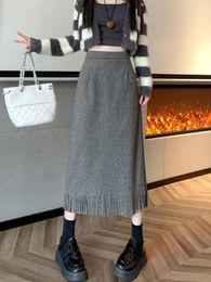 Skirts Retro Woollen Skirt For Women Autumn And Winter High Waisted Style Straight Tassel Slim Korean Mid Length A-line