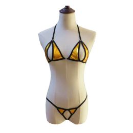 Set micro bikini mujer swimwear women swimsuit biquini bikinis Patent leather Hollow out Shuangpin metal ring String Lace monokini