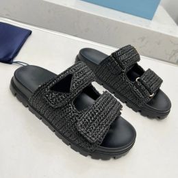 Designer Sandals Woman Crochet Slides Black Platform Slippers Wedges Platform Slipper Summer Flat Straps Size 35-41