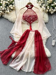 Suits SINGREINY Erotic Lingerie Sheer Hanfu Suits Women Halter Camis Mesh Lace Shawl Split Long Skirt Set Senual Porno Chiffon Suits