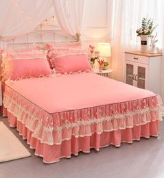 Pink Beige Blue Lace Bed Skirt Home Textile Solid Princess Bedspread Pillowcases Korean Fitted sheet 151820 Mattress Cover 3p6353943