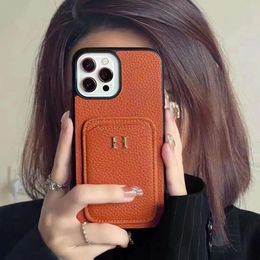 iPhone 15 Pro Max Designer Letter Phone Case for Apple 14 13 12 11 XS XR 8 Plus Luxury PU Pebbled Leather Hardware Card Holder Pocket Mobile Back Cover Coque Fundas Orange