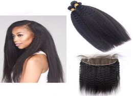 Brazilian Virgin Human Hair 3 Bundles With 134 Lace Closure Kinky Straight 4pieceslot Hair Extensions 830inch Yaki Natural Colo8911840