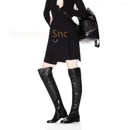 Boots Black Round Toe Knight Flats Casual Over The Knee Long For Woman Winter Square Heel Slip On Shoes British Style