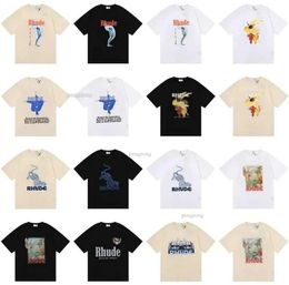 2024 Rhude T Shirt Designer Fashion Clothing Tees Hip Hop Parakeet Long Tailed Parrot Print High Street Casual Versatile Short Sleeve T-shirts Men Women 626