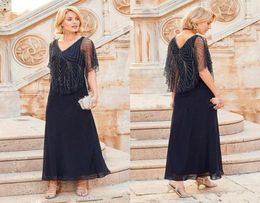 2020 Navy Blue Plus Size Mother Off Bride Dresses V Neck Beading With Wrap Chiffon Backless Tea Length Mother Of The Bride Dress1379952