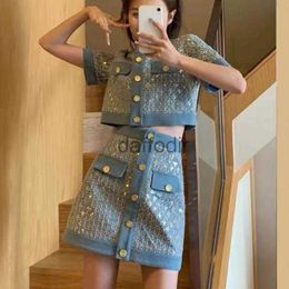 Basic Casual Dresses Work Dresses High Quality Small Fragrance Summer Tweed Two Piece Set Women Crop Top Jacket Coat + Skirt Suits Sequined 2 240304