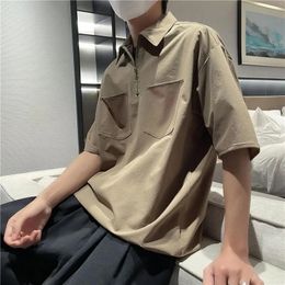 Summer Soft Thin Men Zipper Polo Fitted Short Sleeve Vintage T Shirt Korean Fashion Haruku Oversized Plain Pockets Streetwear 240223 Style