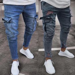 Men's Jeans Denim With Pockets Mens Stretch Pant Distressed Ripped Freyed Slim Fit Pocket Trousers Pantalon Homme